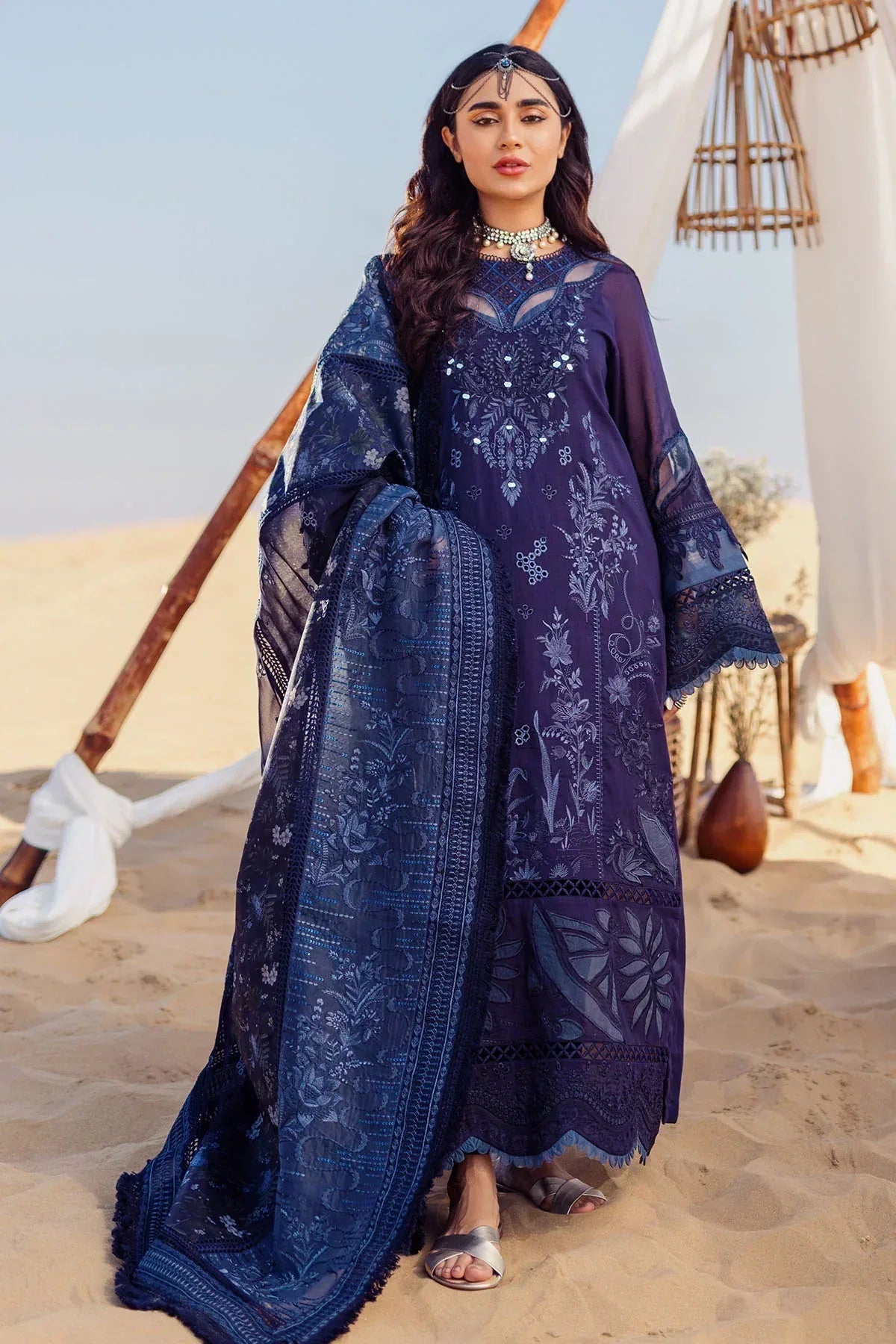 Nureh | Sehra Swiss Voil Lawn | NILE BLUE - NE-77 - Aqsa Fabrics