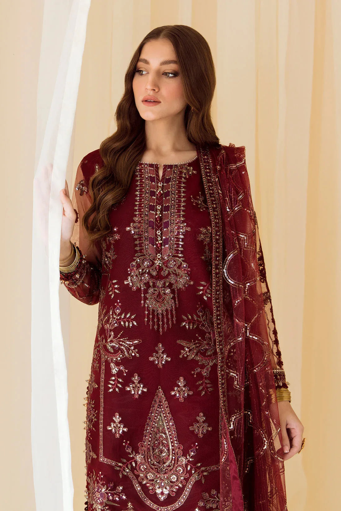 Alizeh | Formals Collection | Embroidered Net Maroon - V14D08 - Raya - Aqsa Fabrics