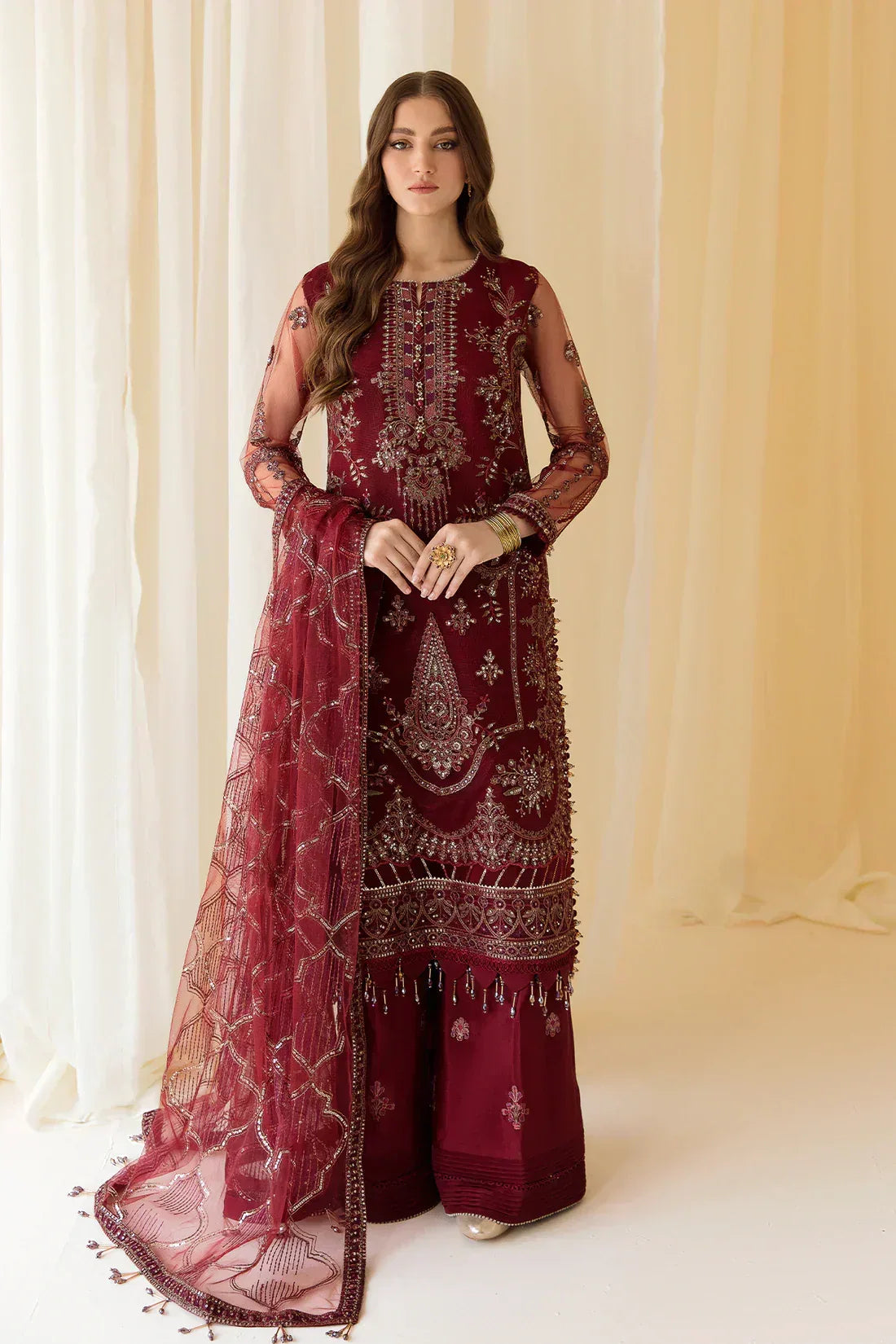 Alizeh | Formals Collection | Embroidered Net Maroon - V14D08 - Raya - Aqsa Fabrics