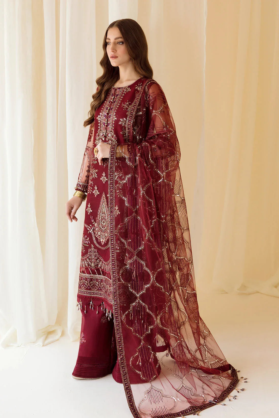 Alizeh | Formals Collection | Embroidered Net Maroon - V14D08 - Raya - Aqsa Fabrics