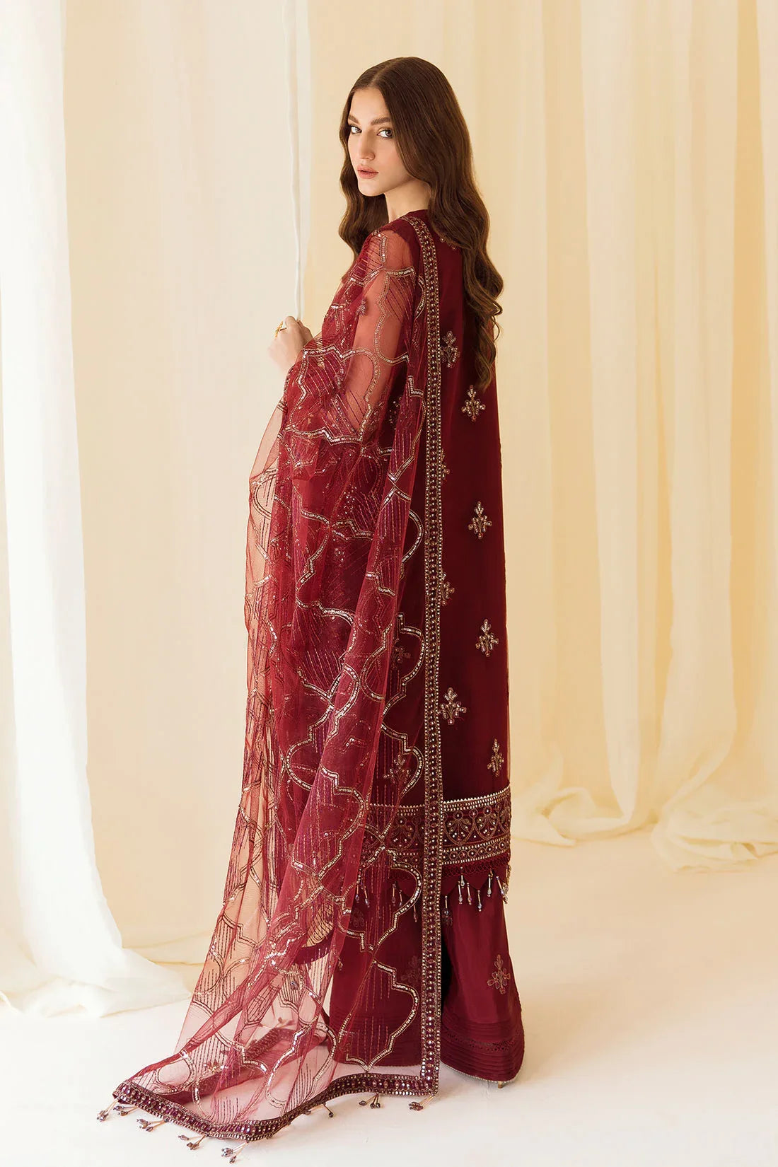 Alizeh | Formals Collection | Embroidered Net Maroon - V14D08 - Raya - Aqsa Fabrics