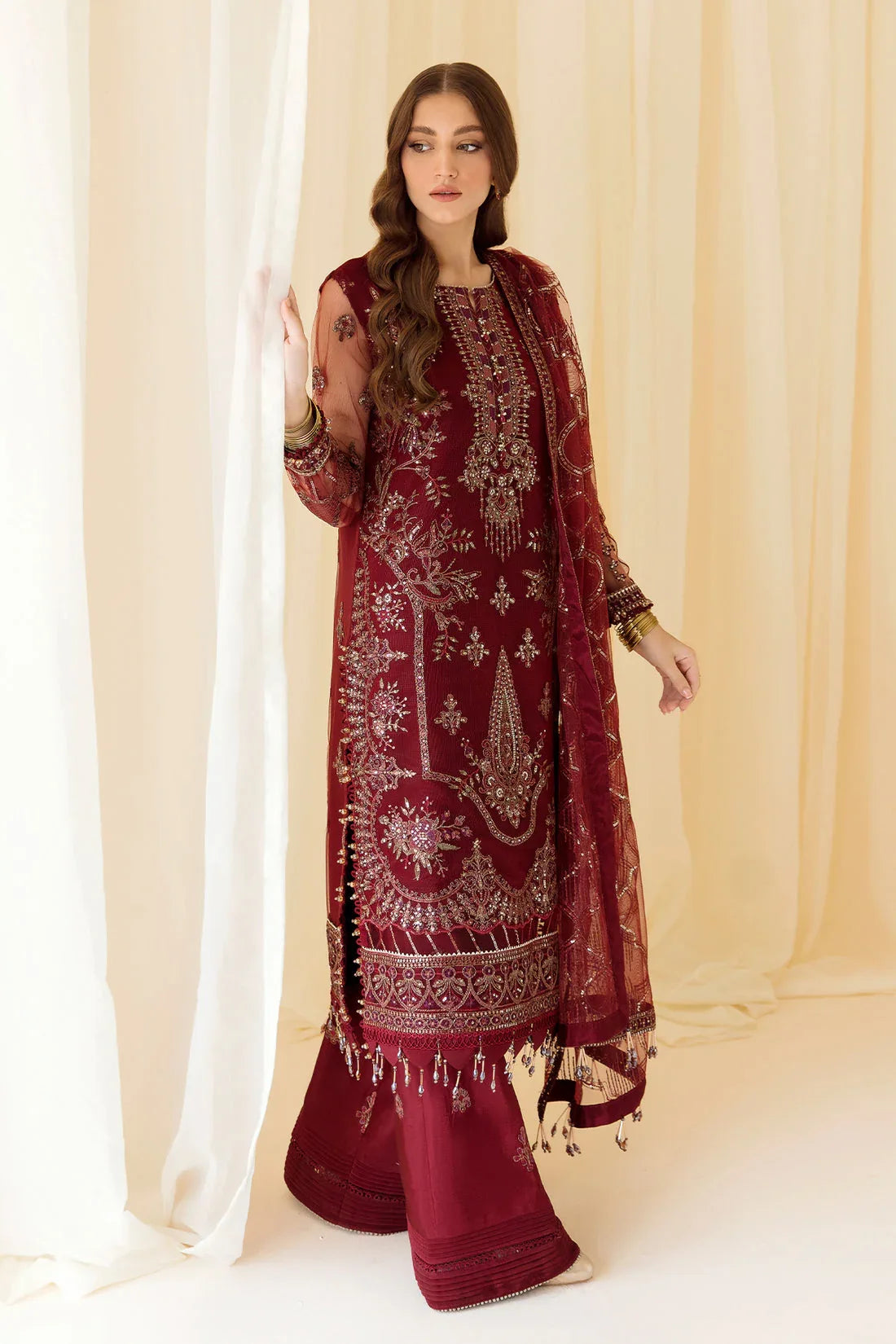 Alizeh | Formals Collection | Embroidered Net Maroon - V14D08 - Raya - Aqsa Fabrics