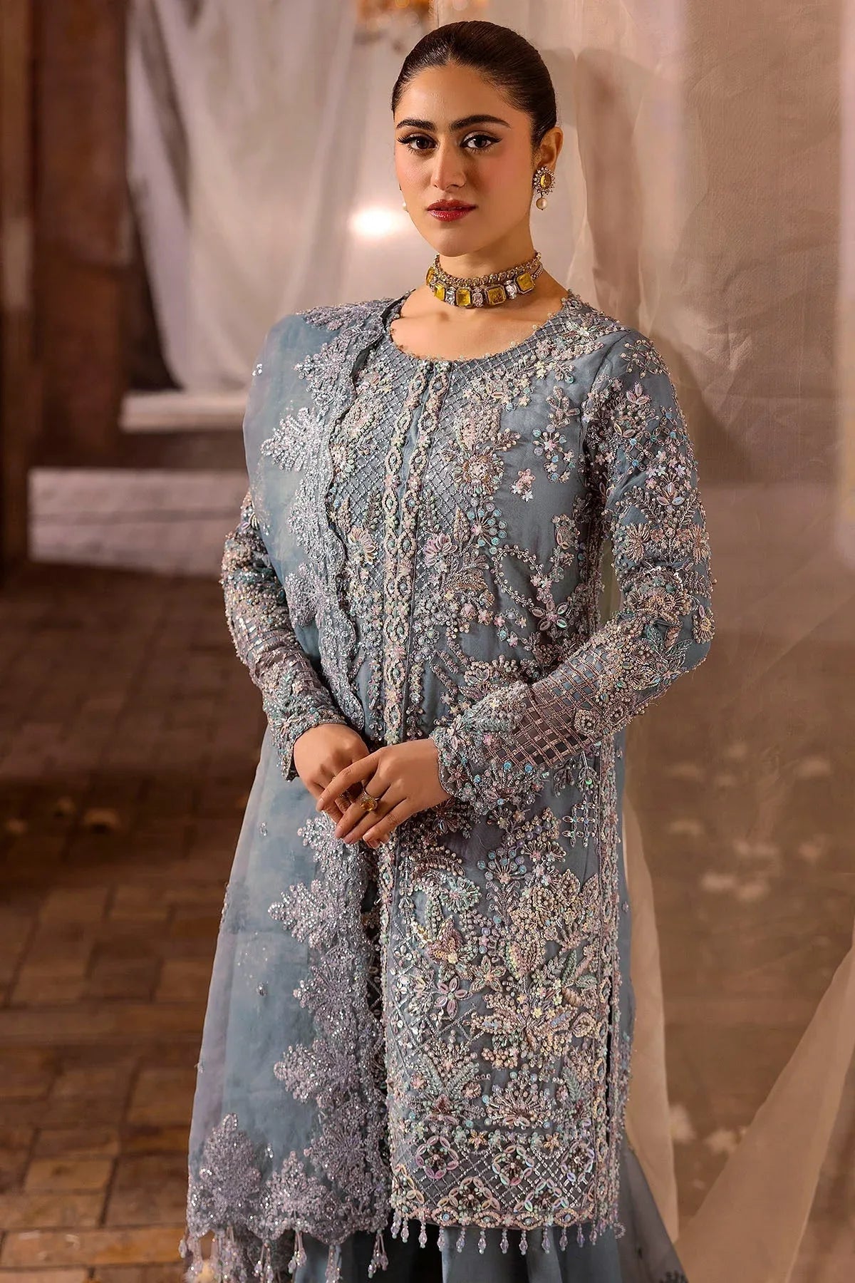 Motifz | Bridal Couture | 0014-FIROZEH EMBROIDERED ORGANZA STITCHED - Aqsa Fabrics