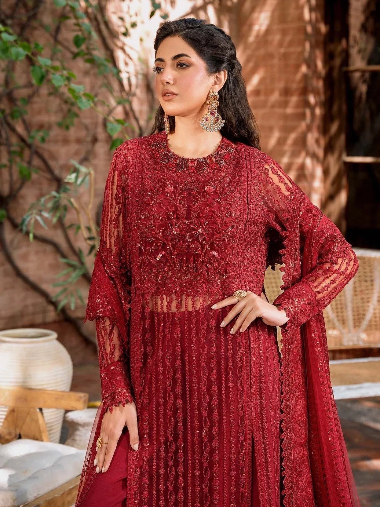 Akbar Aslam Mastani Embroidered Net 3Pc Suit - GUL MOHR - Aqsa Fabrics