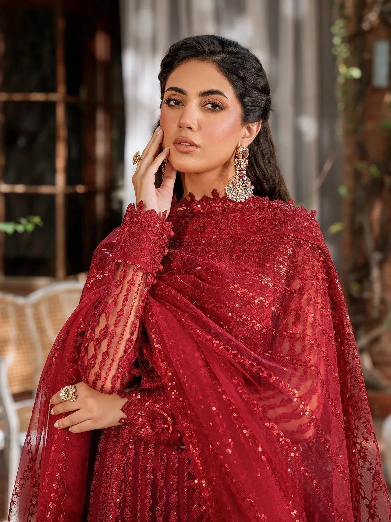 Akbar Aslam Mastani Embroidered Net 3Pc Suit - GUL MOHR - Aqsa Fabrics