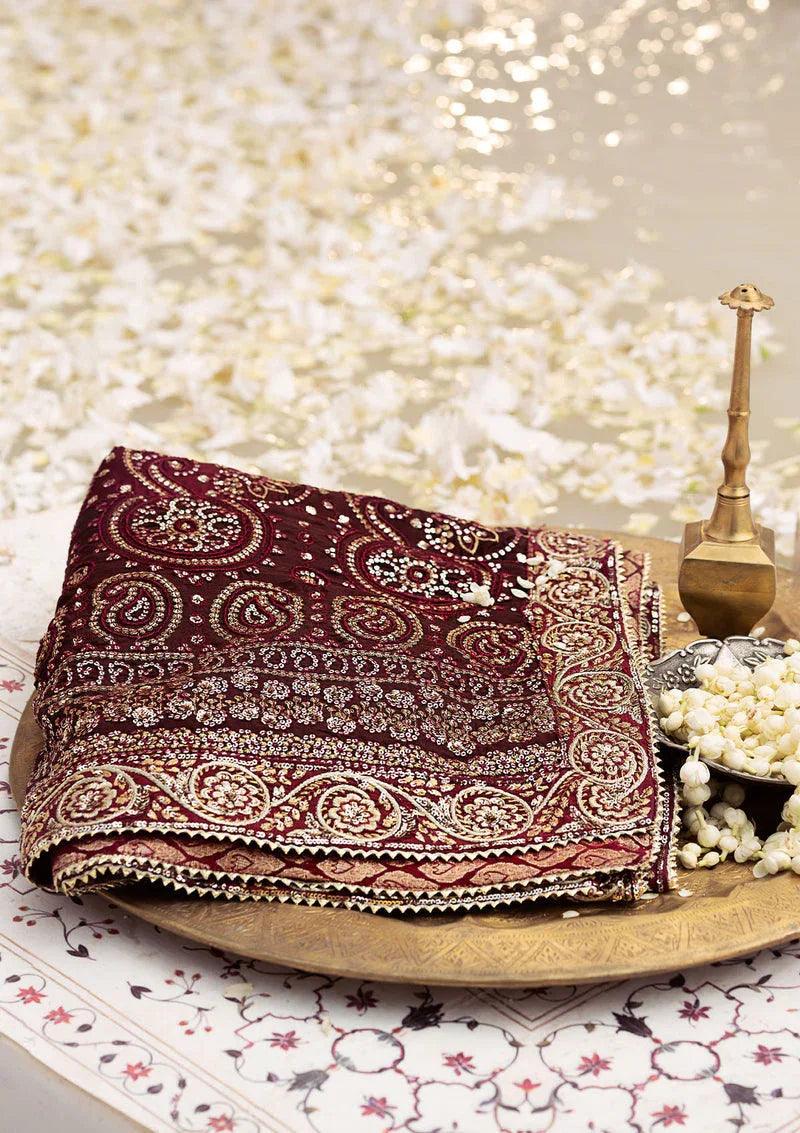 Aik Atelier | MAROON TUSSAR SILK CHUNRI SHAWL - Aqsa Fabrics