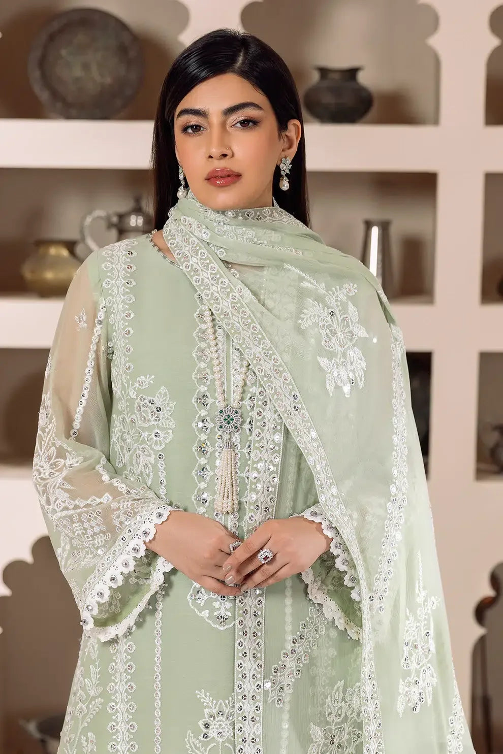 Alizeh | Dua Formals 23 | DUA-V01D04A- MEHRUNISA ( PISTA ) - Aqsa Fabrics