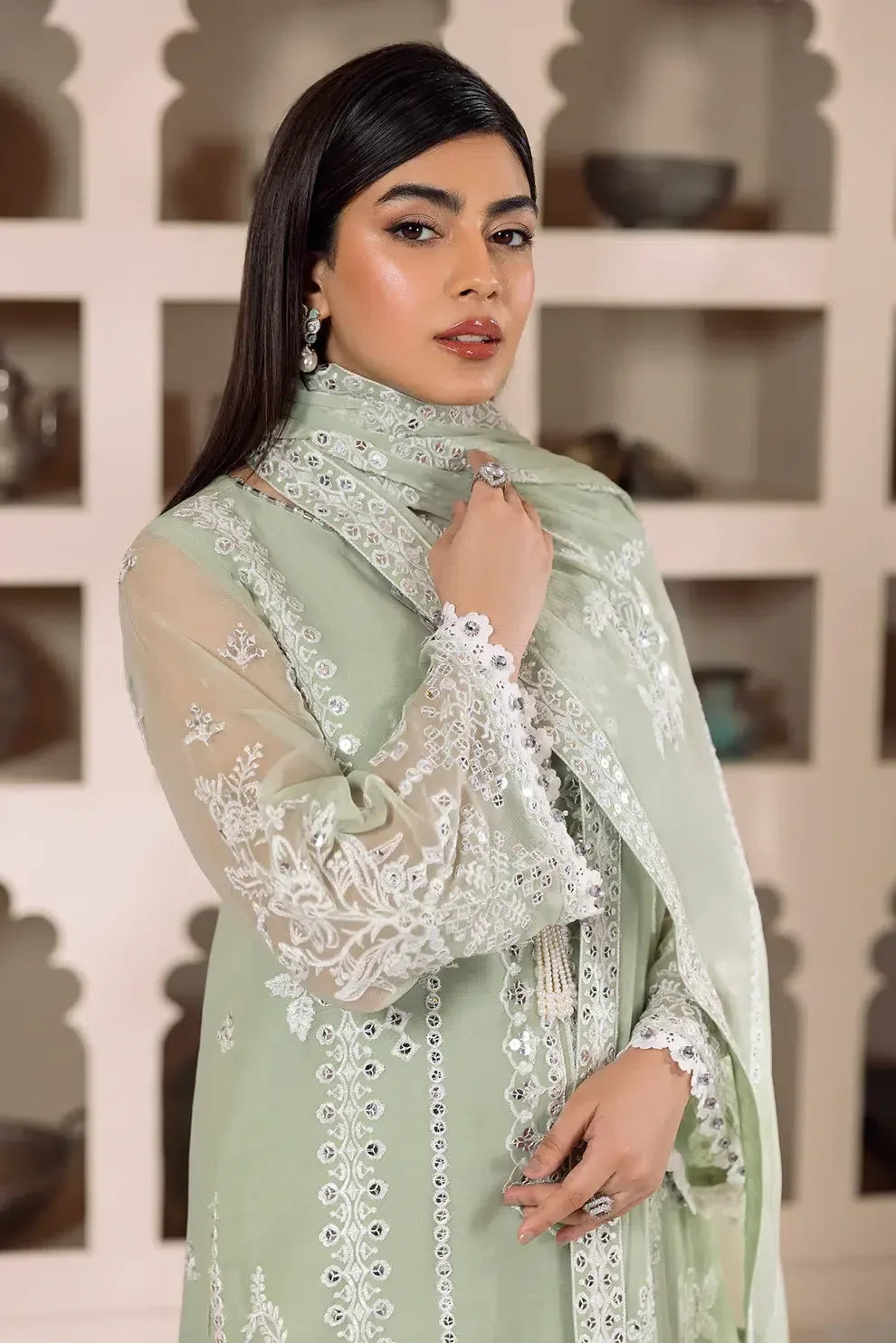 Alizeh | Dua Formals 23 | DUA-V01D04A- MEHRUNISA ( PISTA ) - Aqsa Fabrics