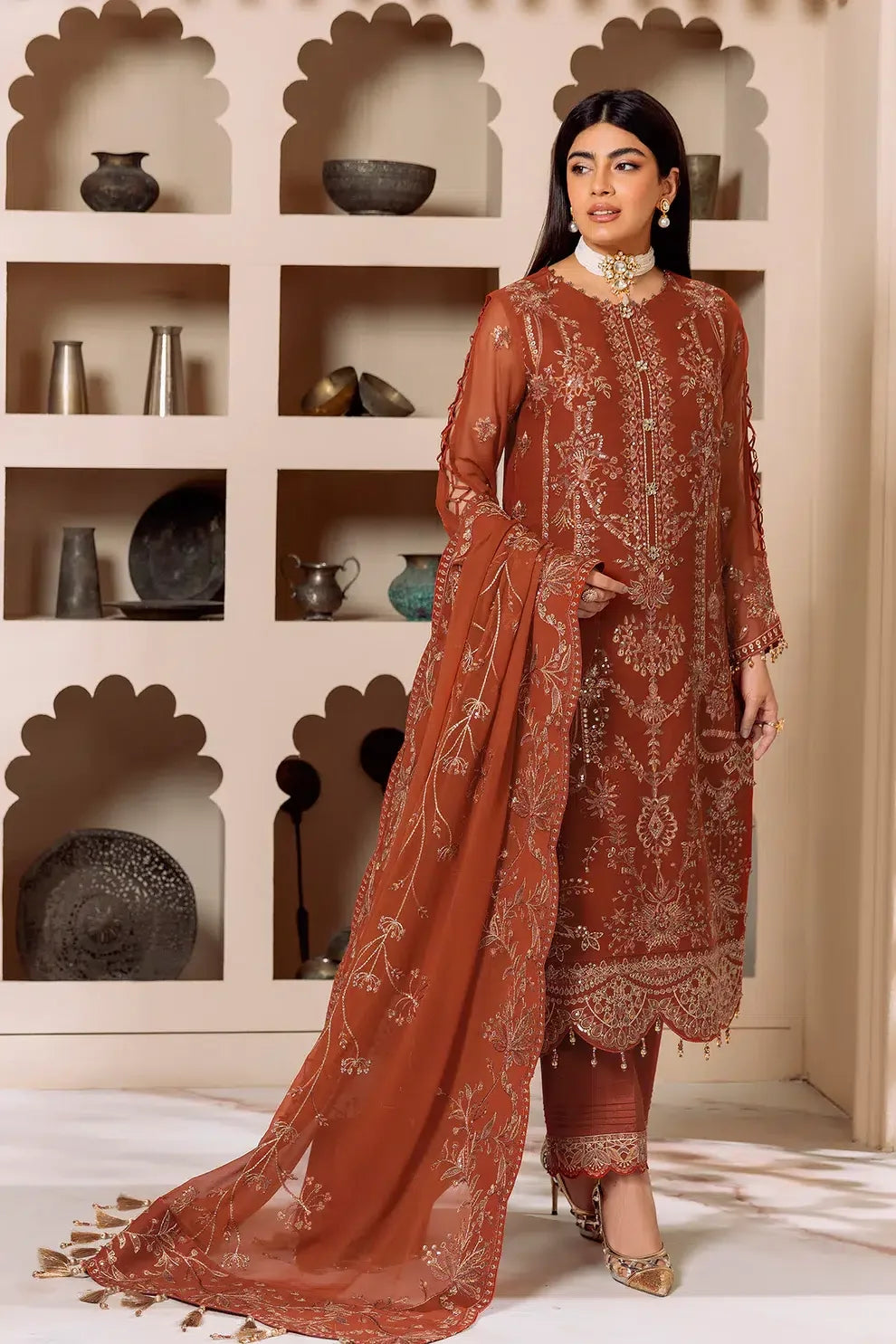 Alizeh | Dua Formals 23 | DUA-V01D02A- LYRA ( RUST ) - Aqsa Fabrics