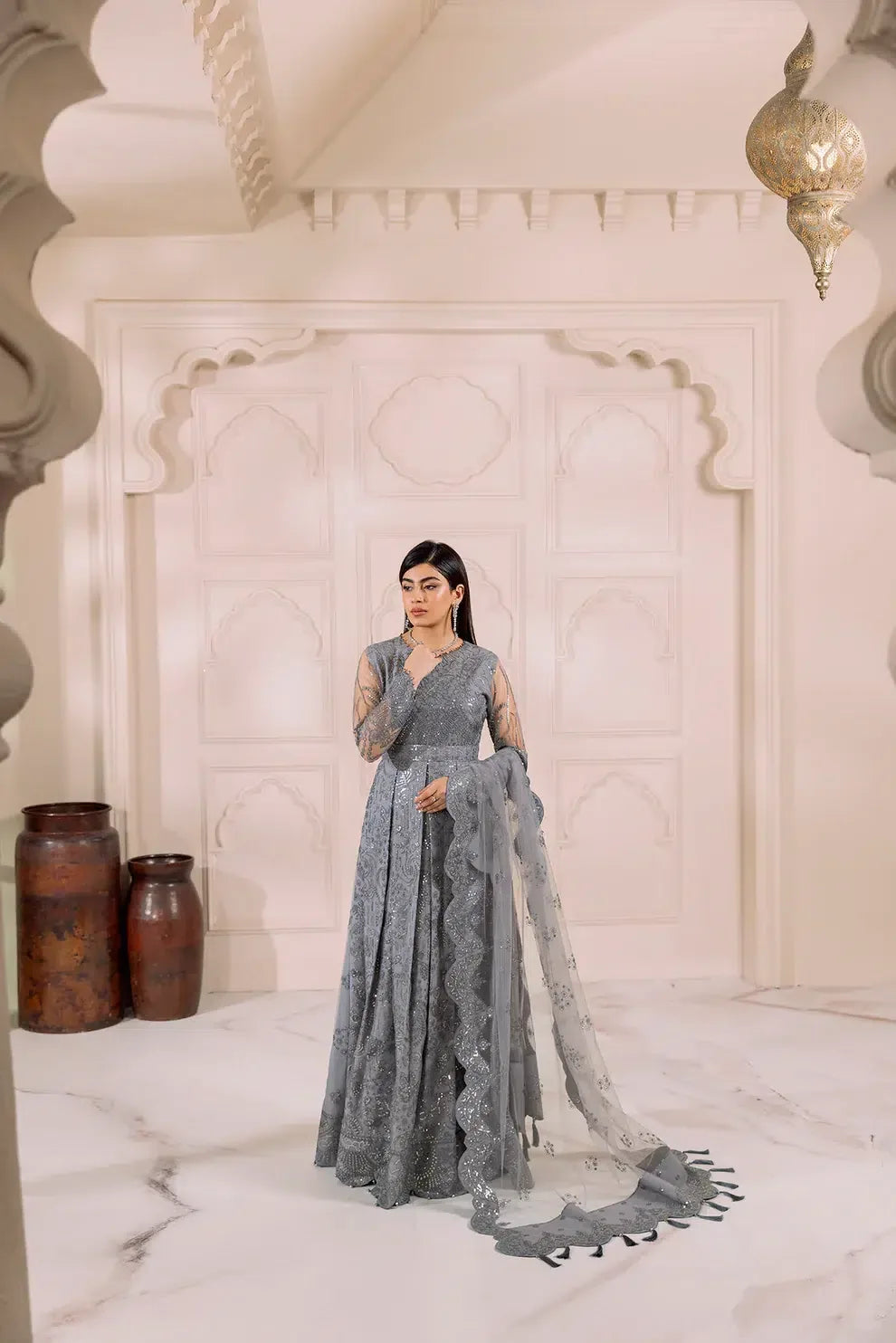 Alizeh | Dua Formals 23 | DUA-V01D01B- KHIRAD ( GREY ) - Aqsa Fabrics