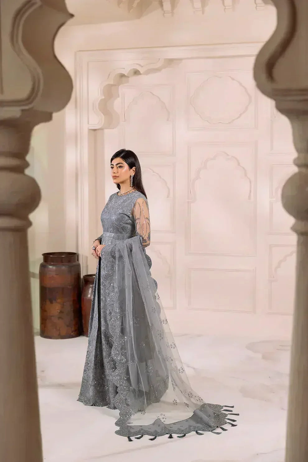 Alizeh | Dua Formals 23 | DUA-V01D01B- KHIRAD ( GREY ) - Aqsa Fabrics