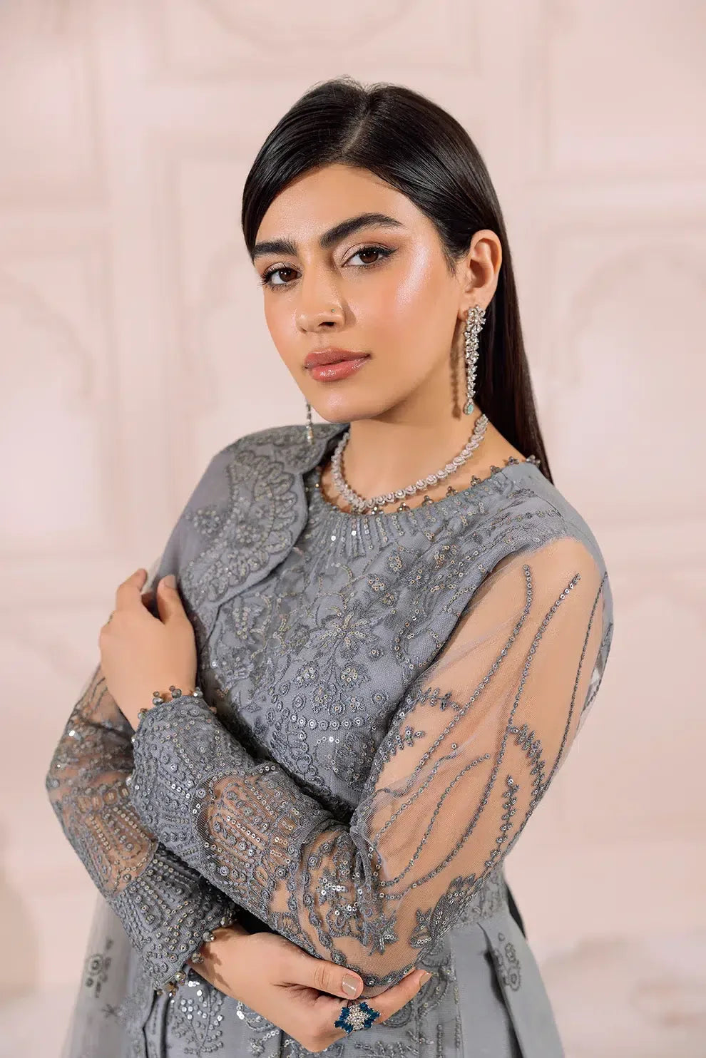 Alizeh | Dua Formals 23 | DUA-V01D01B- KHIRAD ( GREY ) - Aqsa Fabrics