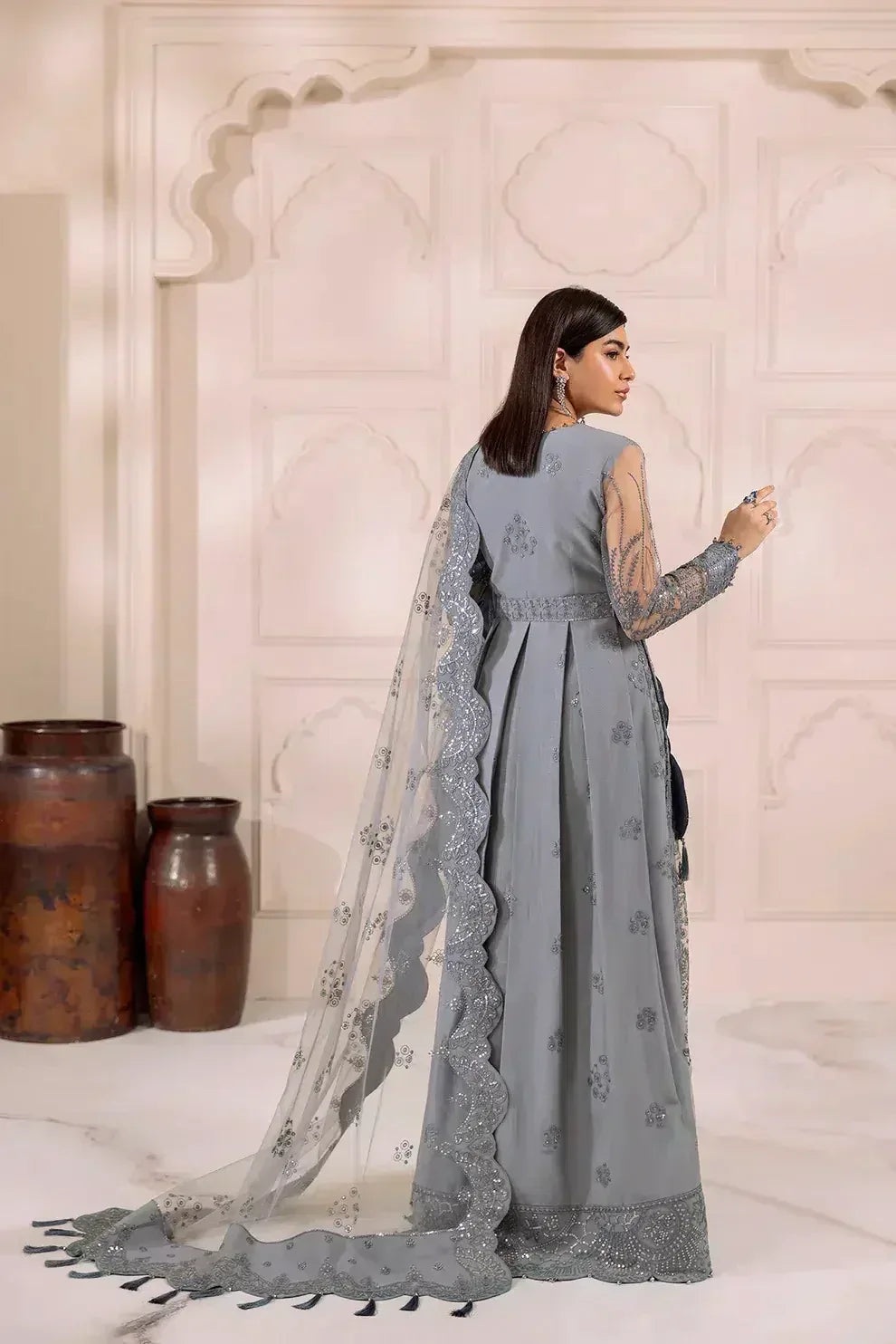 Alizeh | Dua Formals 23 | DUA-V01D01B- KHIRAD ( GREY ) - Aqsa Fabrics