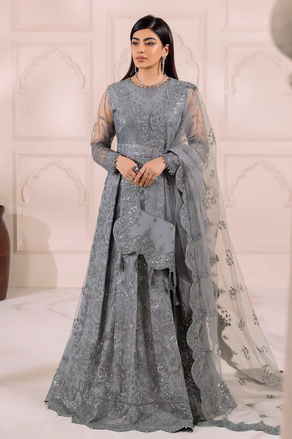 Alizeh | Dua Formals 23 | DUA-V01D01B- KHIRAD ( GREY ) - Aqsa Fabrics