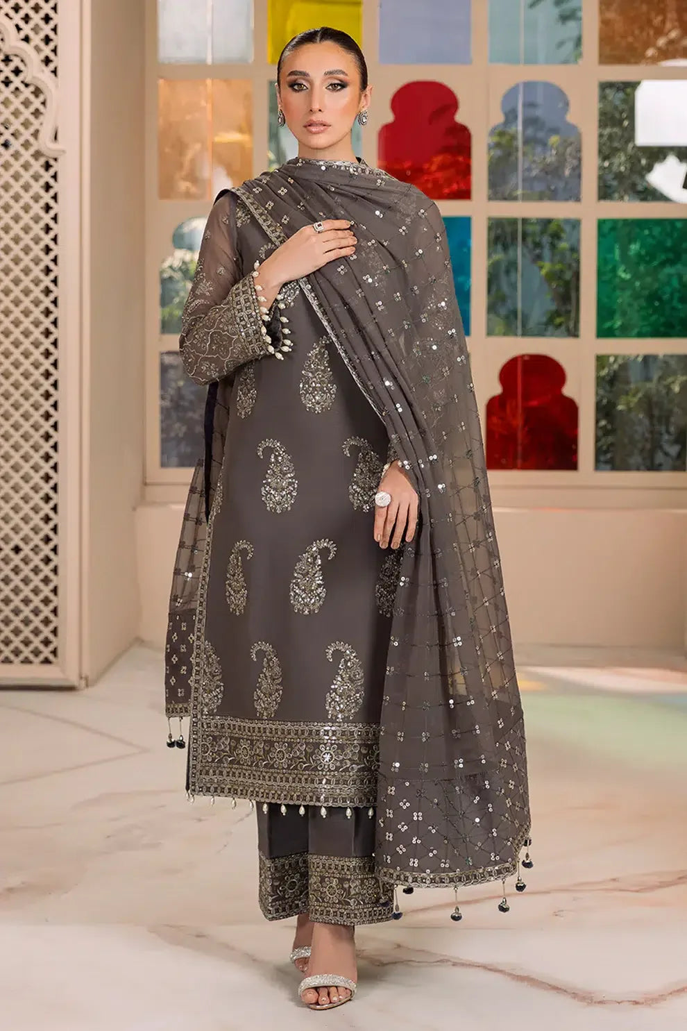 Alizeh | Dua Formals 23 | DUA-V01D06B- AMAYA ( GREY ) - Aqsa Fabrics