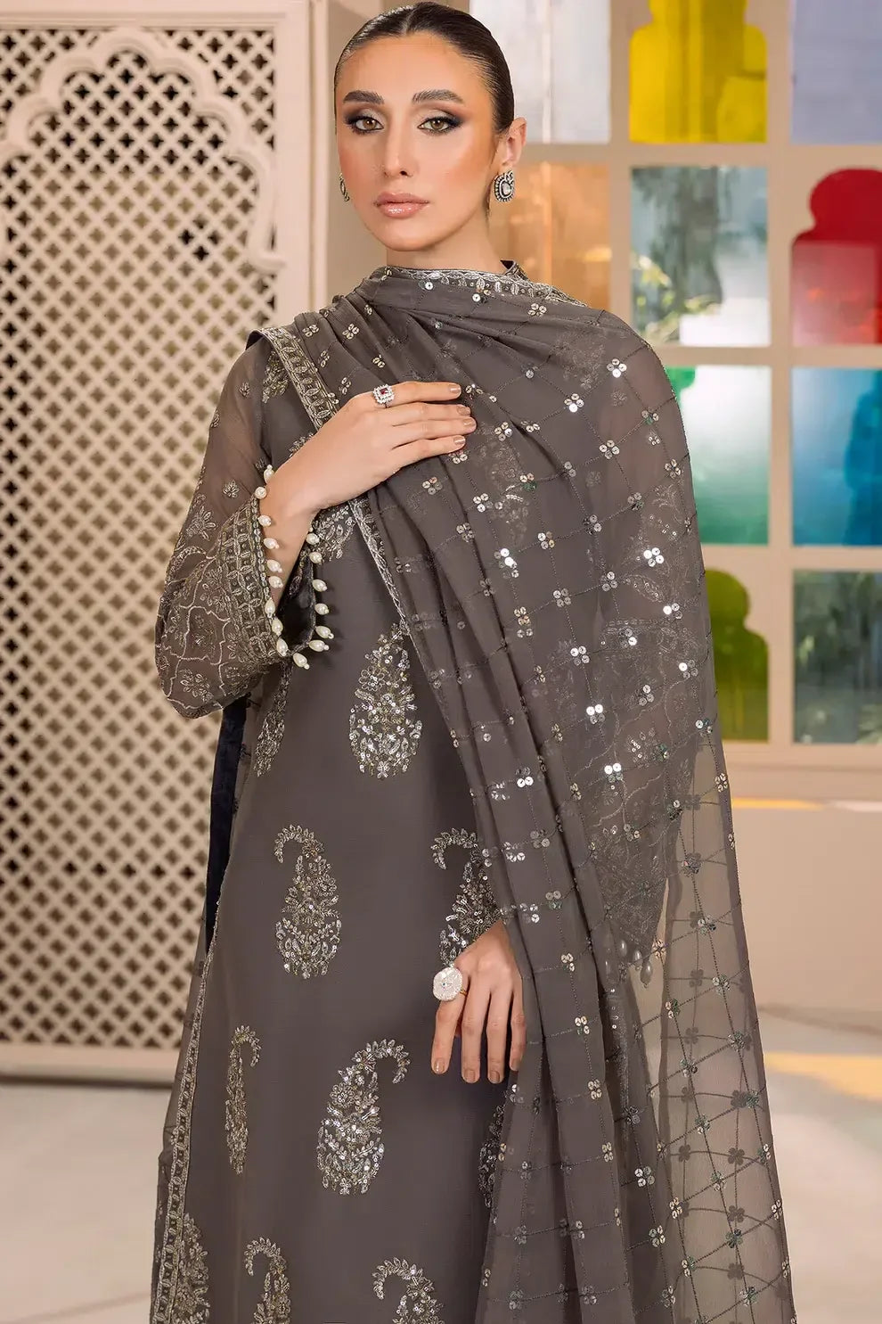 Alizeh | Dua Formals 23 | DUA-V01D06B- AMAYA ( GREY ) - Aqsa Fabrics