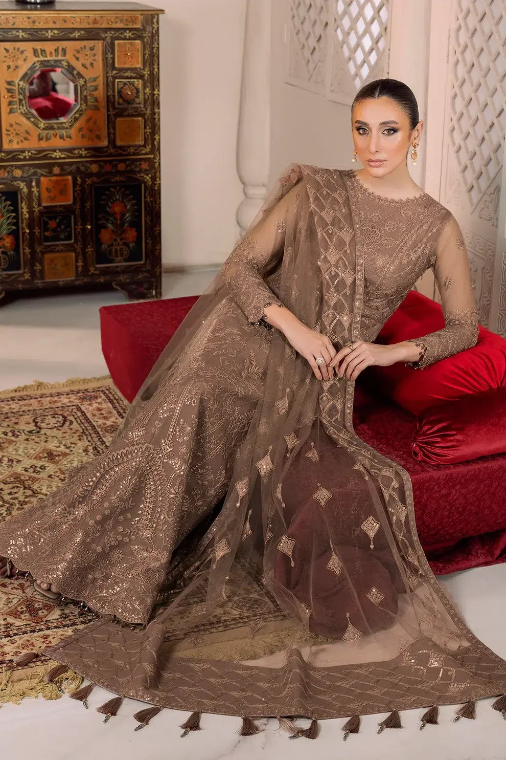 Alizeh | Dua Formals 23 | DUA-V01D05B- RYAN ( BEIGE ) - Aqsa Fabrics