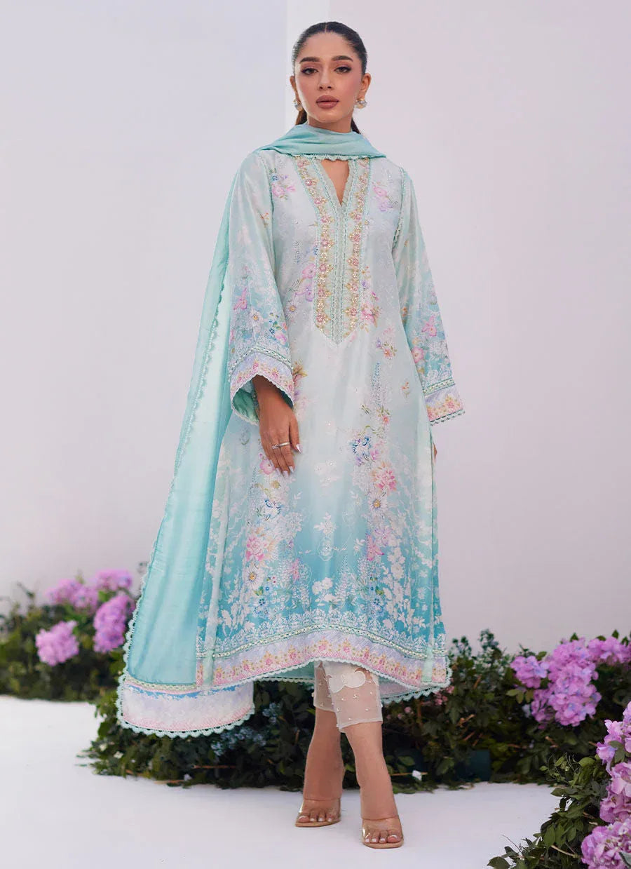 Farah Talib Aziz | Zaza Prints 24 | CYAN OMBRE SHIRT AND DUPATTA - Aqsa Fabrics