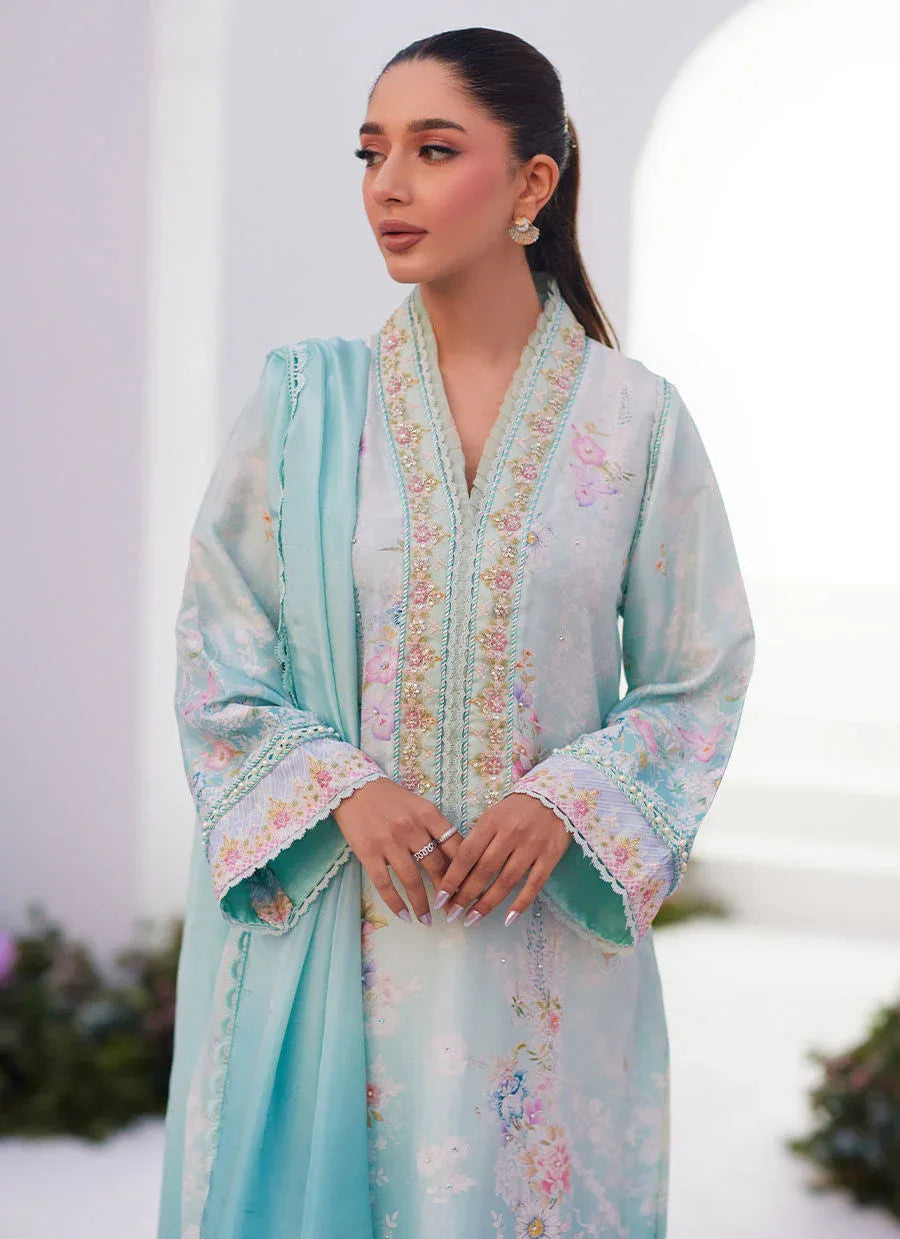 Farah Talib Aziz | Zaza Prints 24 | CYAN OMBRE SHIRT AND DUPATTA - Aqsa Fabrics