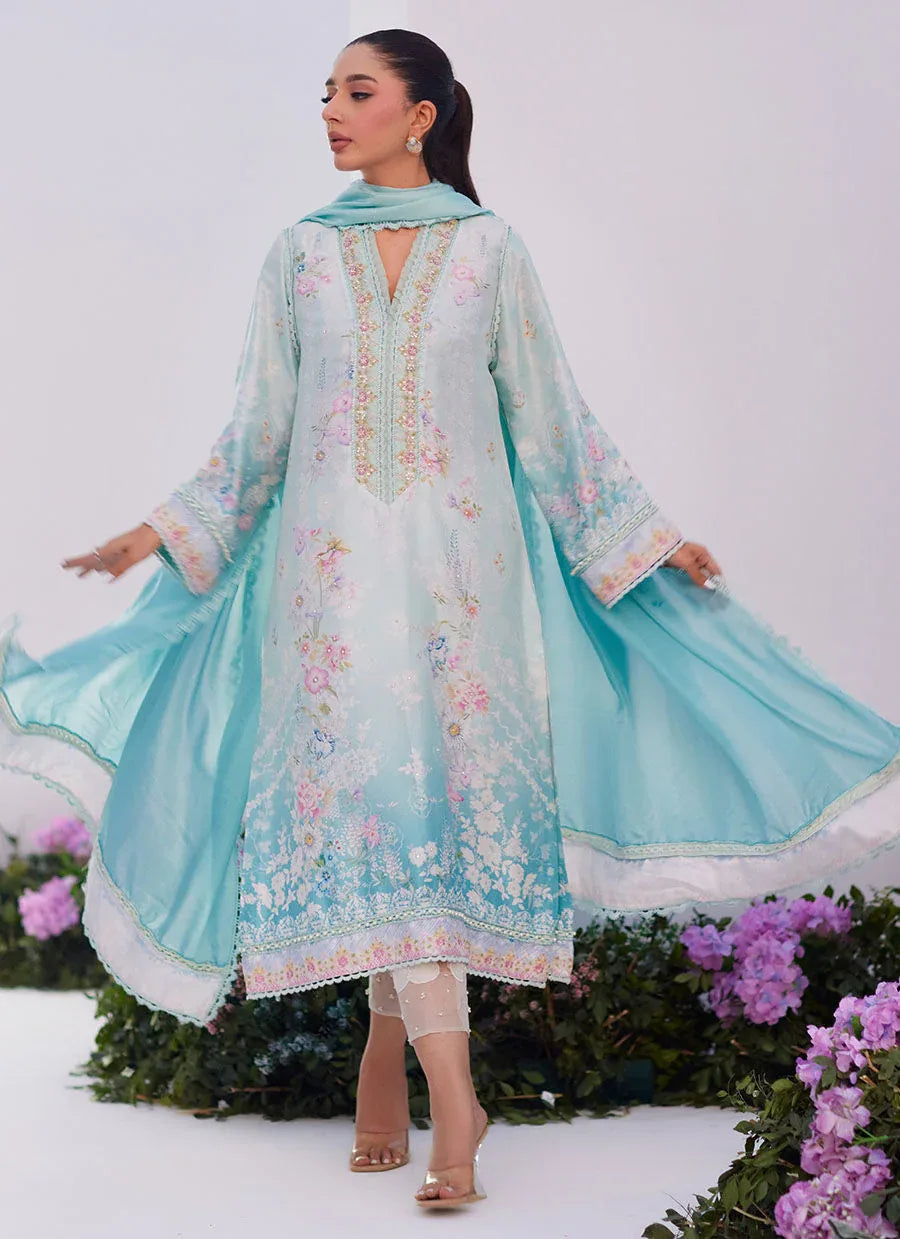 Farah Talib Aziz | Zaza Prints 24 | CYAN OMBRE SHIRT AND DUPATTA - Aqsa Fabrics