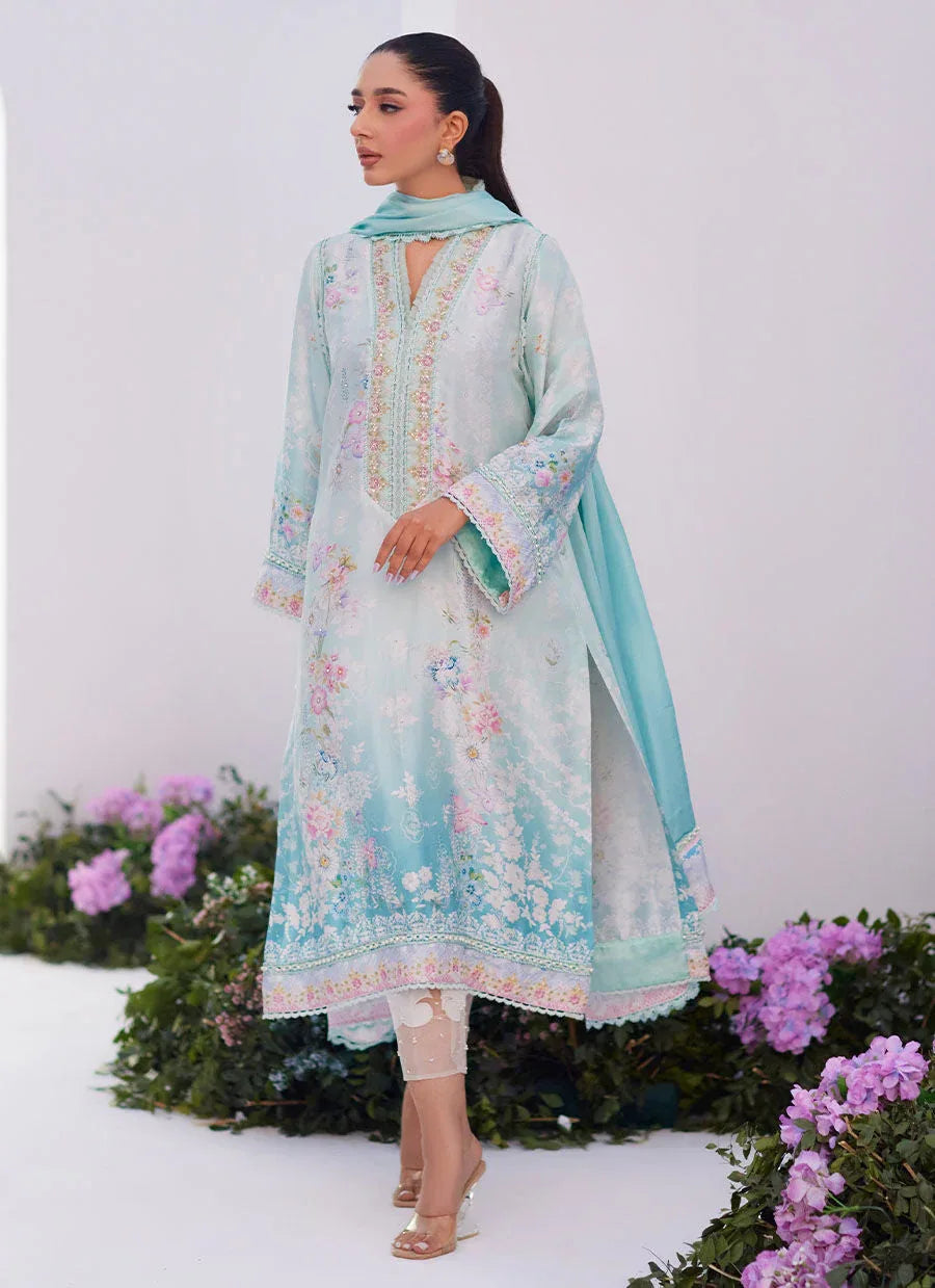 Farah Talib Aziz | Zaza Prints 24 | CYAN OMBRE SHIRT AND DUPATTA - Aqsa Fabrics