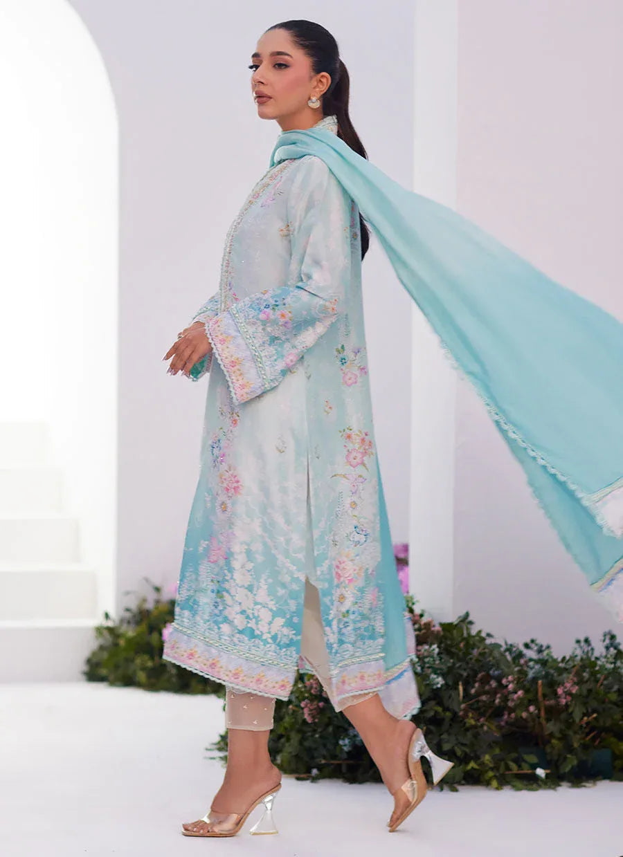Farah Talib Aziz | Zaza Prints 24 | CYAN OMBRE SHIRT AND DUPATTA - Aqsa Fabrics