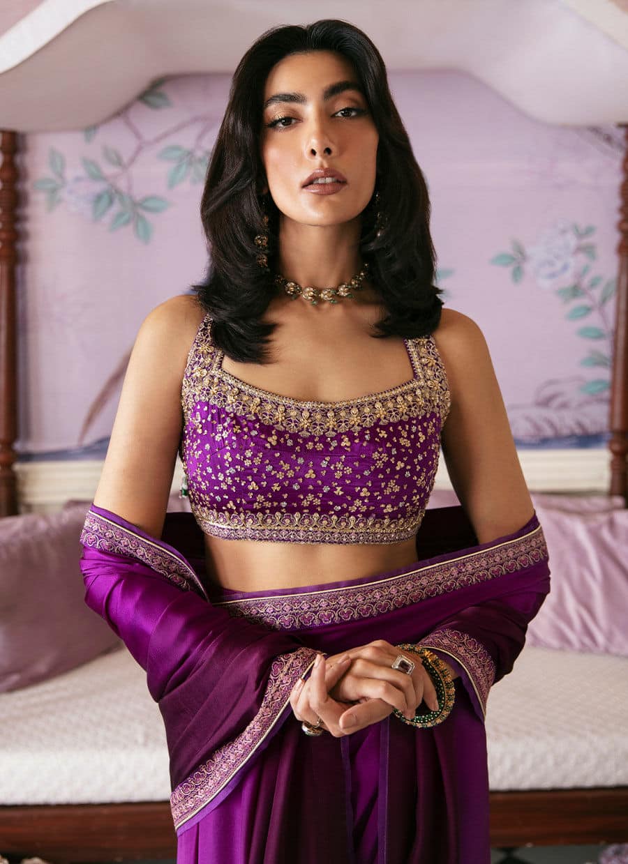 Farah Talib Aziz | Mayna Festive Luxe | AIGUL AUBERGINE SAREE - Aqsa Fabrics