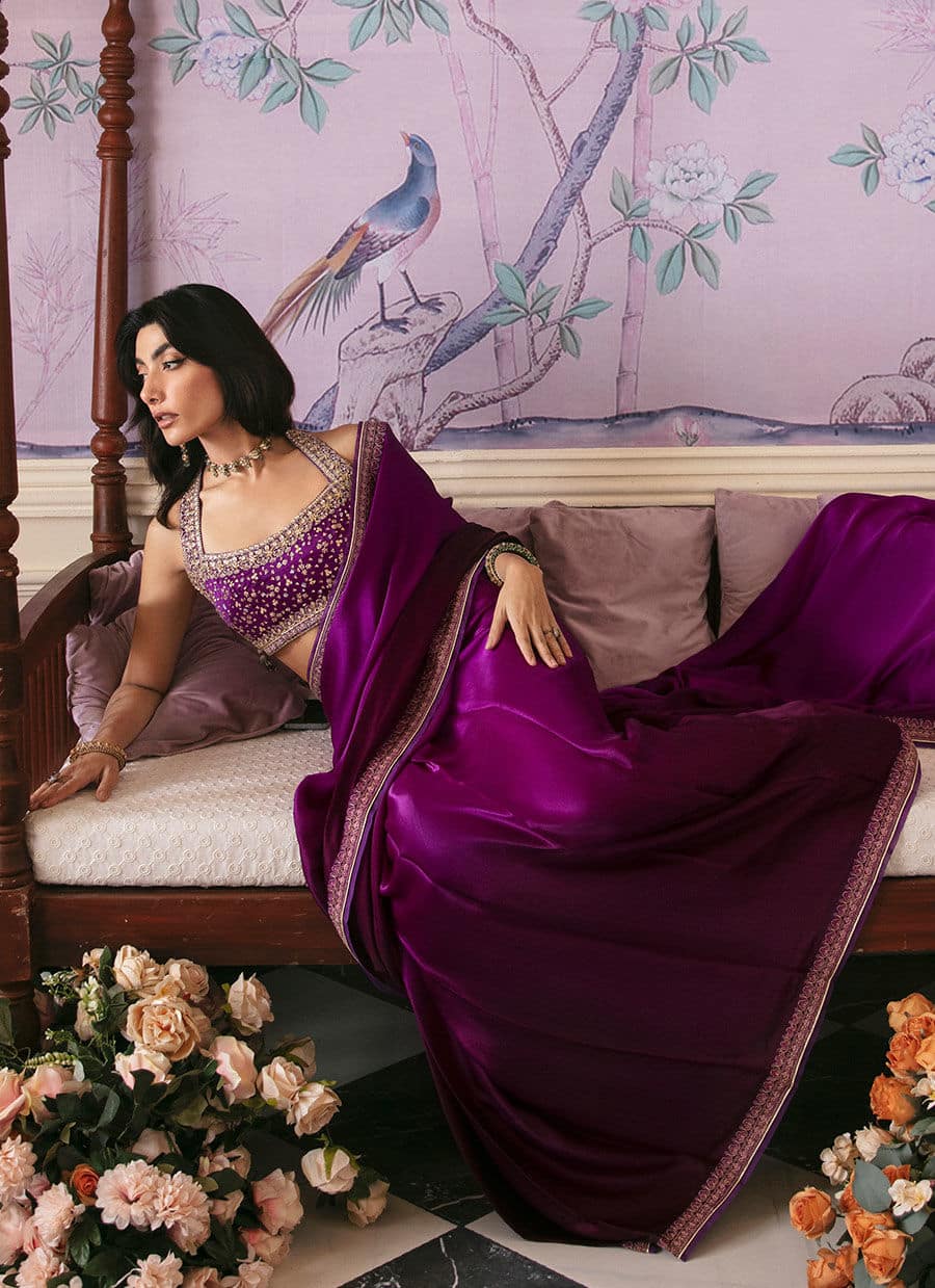 Farah Talib Aziz | Mayna Festive Luxe | AIGUL AUBERGINE SAREE - Aqsa Fabrics