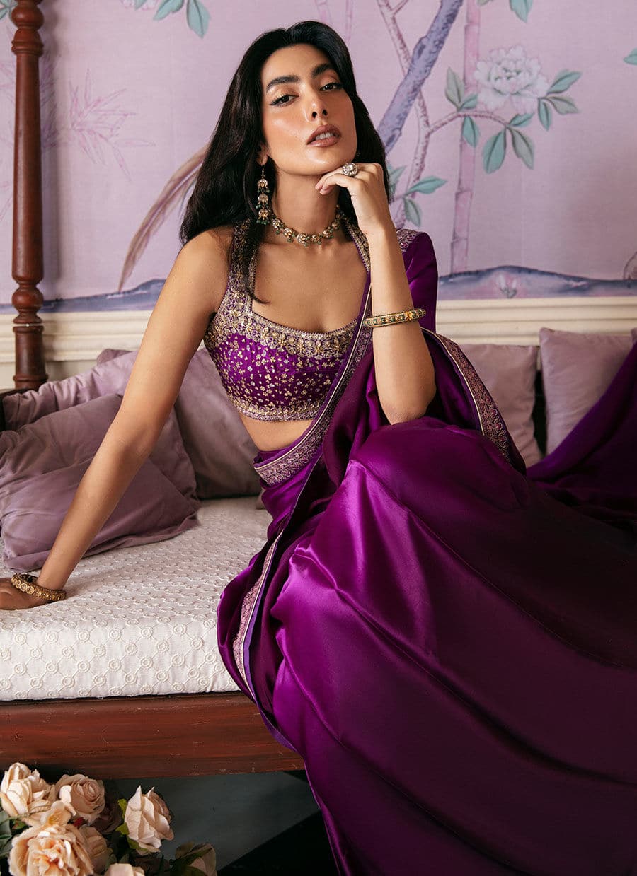 Farah Talib Aziz | Mayna Festive Luxe | AIGUL AUBERGINE SAREE - Aqsa Fabrics