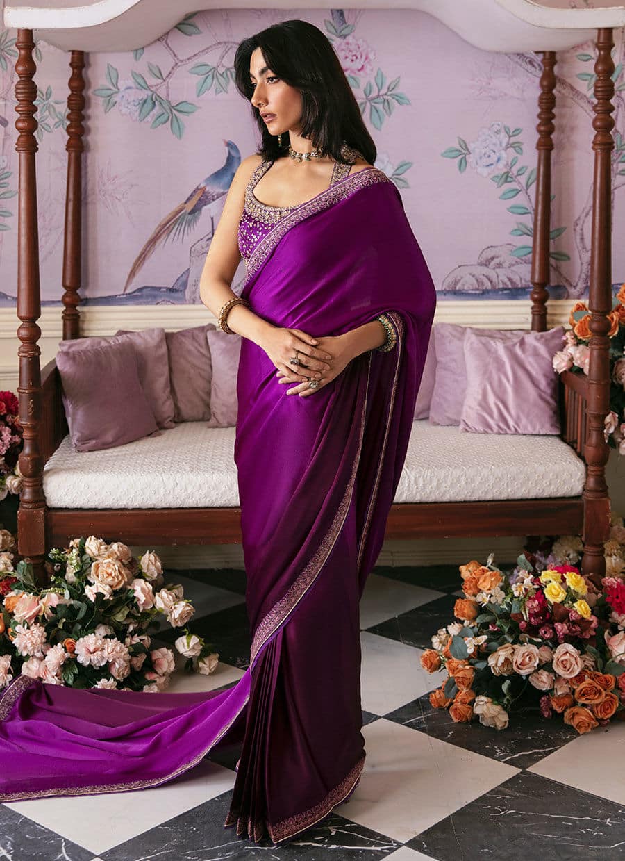 Farah Talib Aziz | Mayna Festive Luxe | AIGUL AUBERGINE SAREE - Aqsa Fabrics