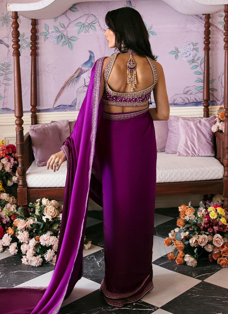 Farah Talib Aziz | Mayna Festive Luxe | AIGUL AUBERGINE SAREE - Aqsa Fabrics