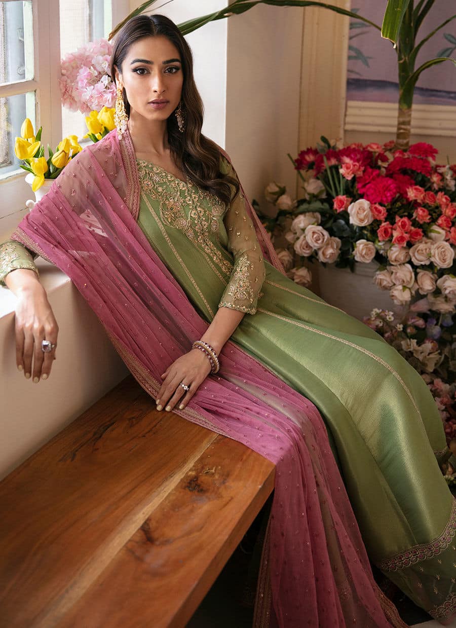 Farah Talib Aziz | Mayna Festive Luxe | ANISA APPLE GREEN - Aqsa Fabrics
