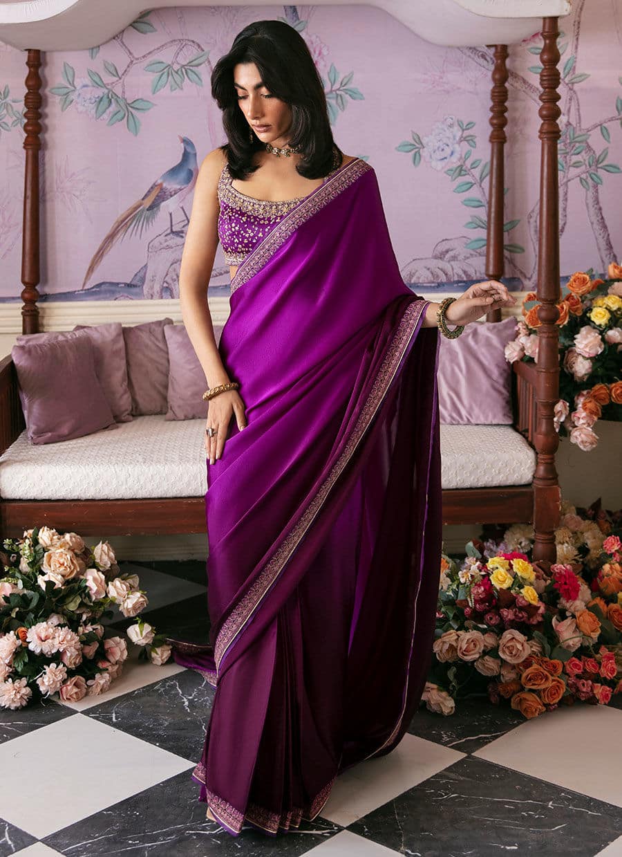 Farah Talib Aziz | Mayna Festive Luxe | AIGUL AUBERGINE SAREE - Aqsa Fabrics