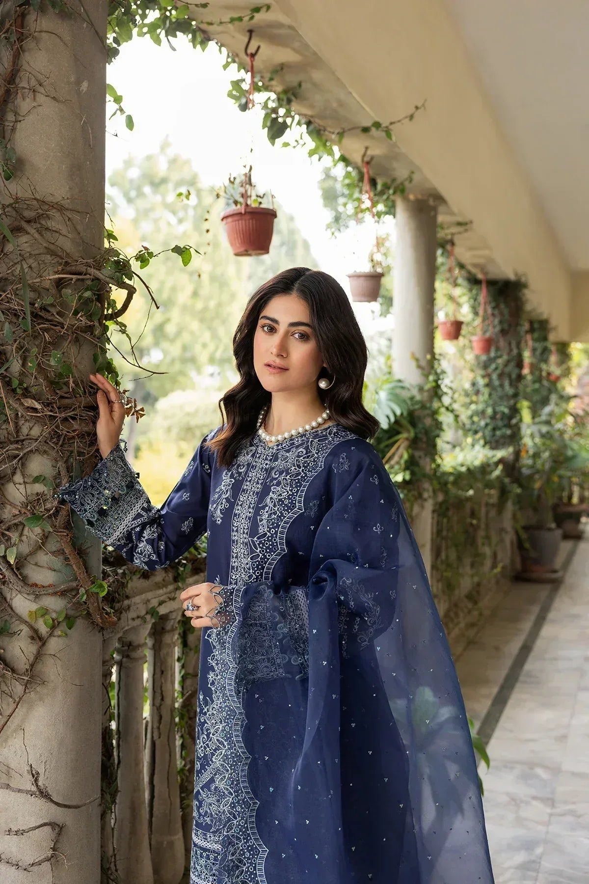 Farasha | Bahaar Embroidered Lawn | Blue Ochre - Aqsa Fabrics