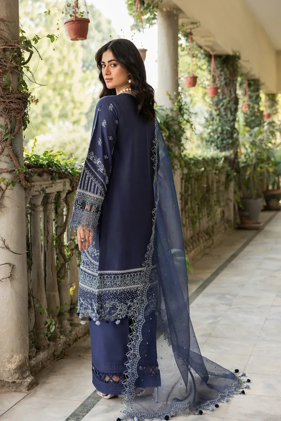 Farasha | Bahaar Embroidered Lawn | Blue Ochre - Aqsa Fabrics