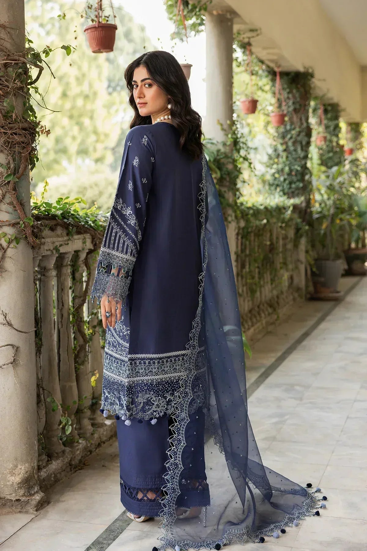 Farasha | Bahaar Embroidered Lawn | Blue Ochre - Aqsa Fabrics