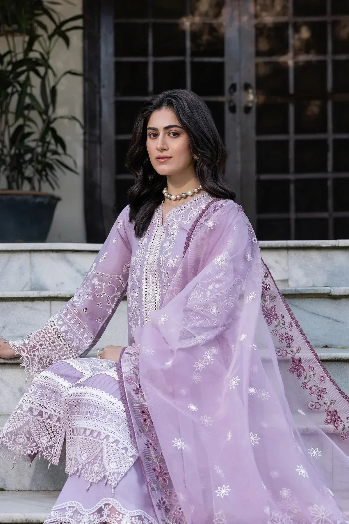 Farasha | Bahaar Embroidered Lawn | Lilac Florine - Aqsa Fabrics