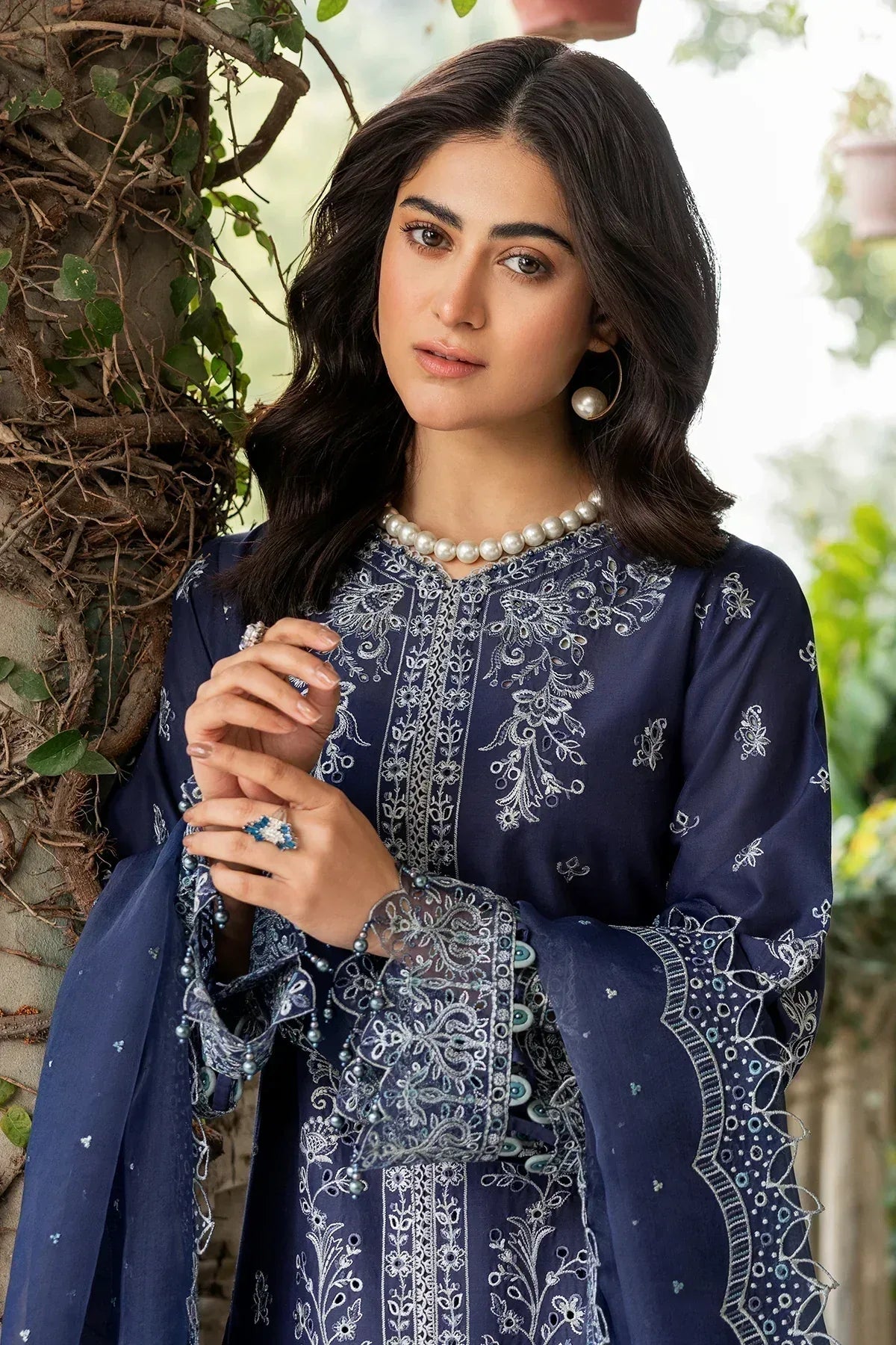 Farasha | Bahaar Embroidered Lawn | Blue Ochre - Aqsa Fabrics