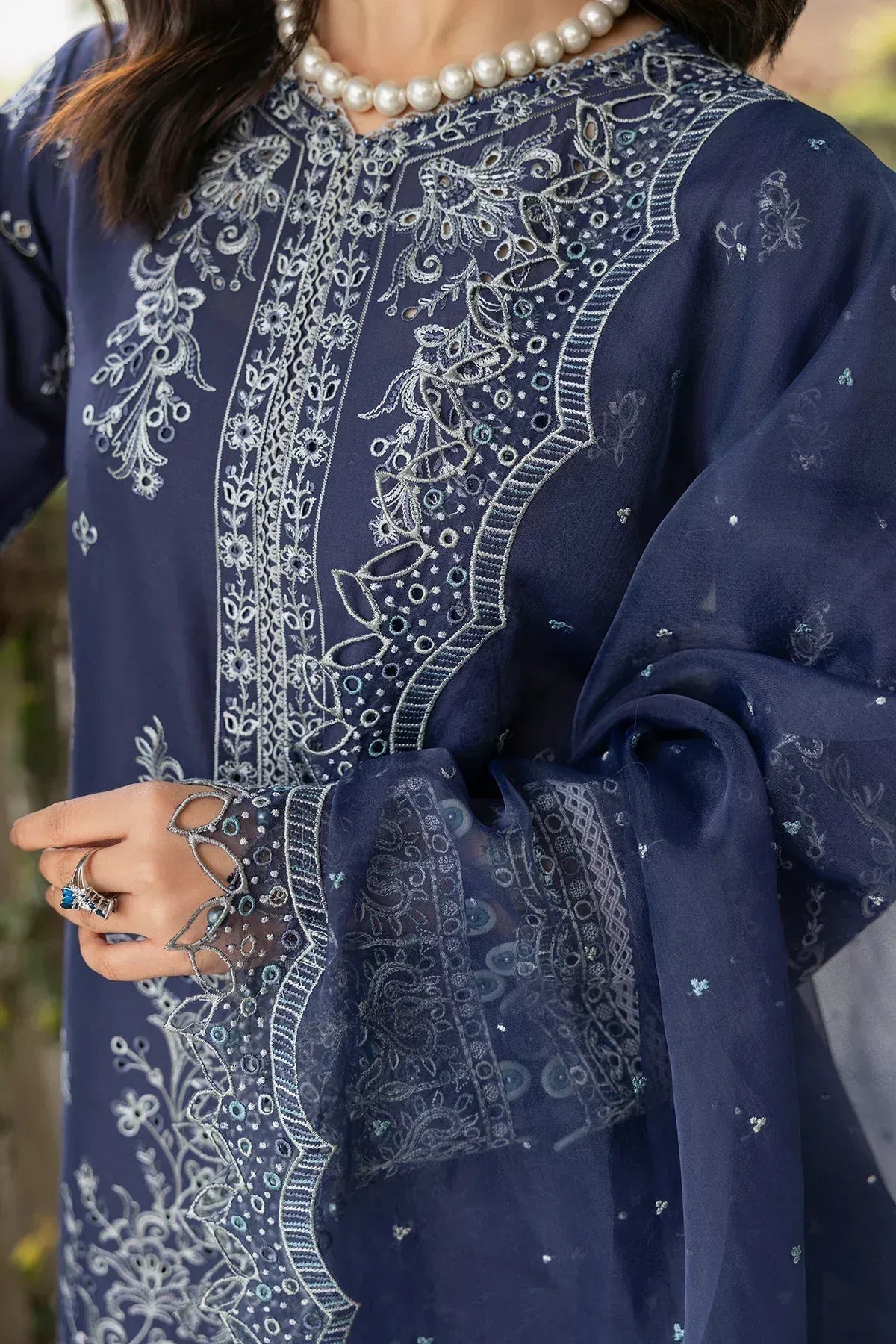 Farasha | Bahaar Embroidered Lawn | Blue Ochre - Aqsa Fabrics