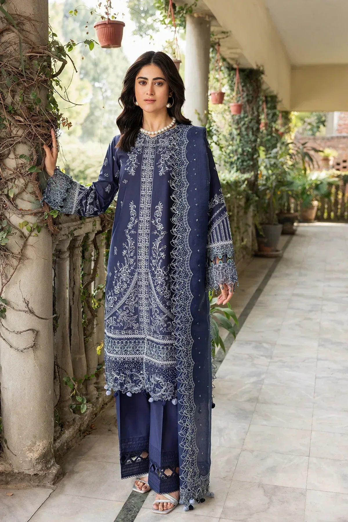 Farasha | Bahaar Embroidered Lawn | Blue Ochre - Aqsa Fabrics