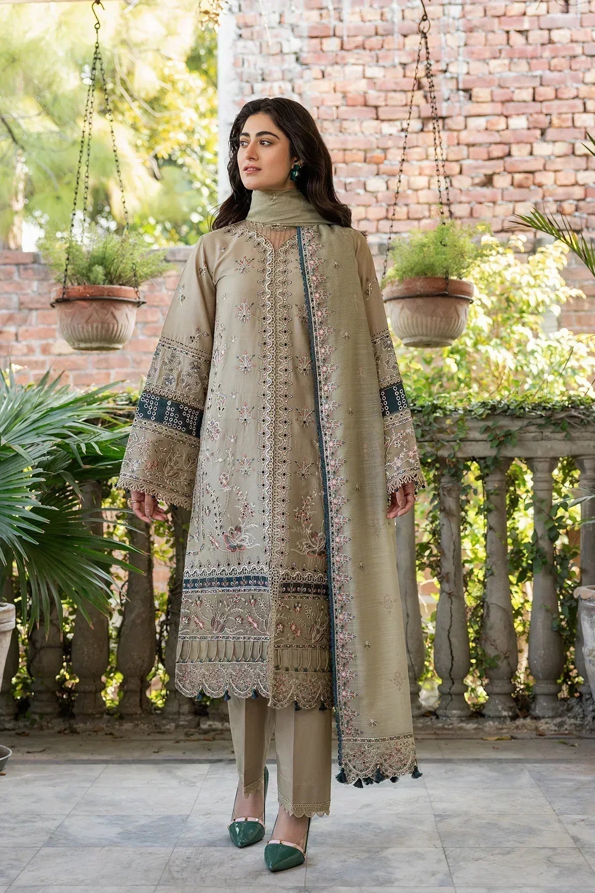 Farasha | Bahaar Embroidered Lawn | Whimsical Sage - Aqsa Fabrics