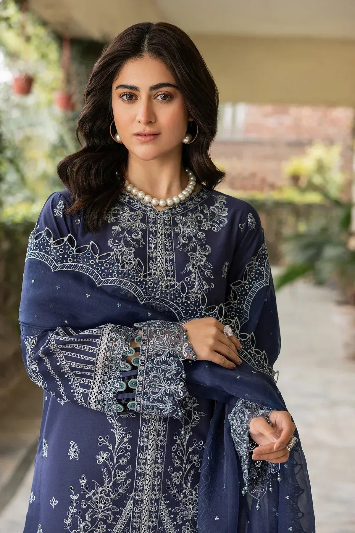 Farasha | Bahaar Embroidered Lawn | Blue Ochre - Aqsa Fabrics