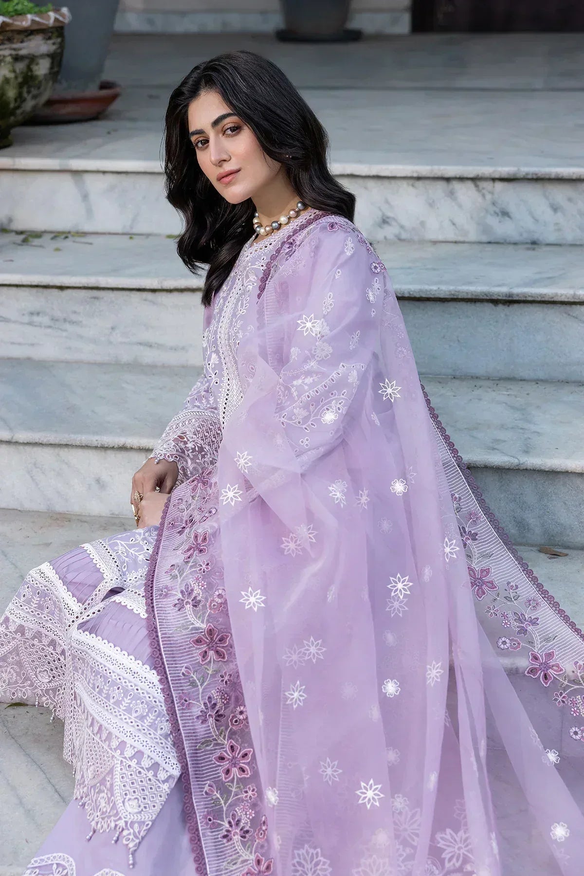 Farasha | Bahaar Embroidered Lawn | Lilac Florine - Aqsa Fabrics