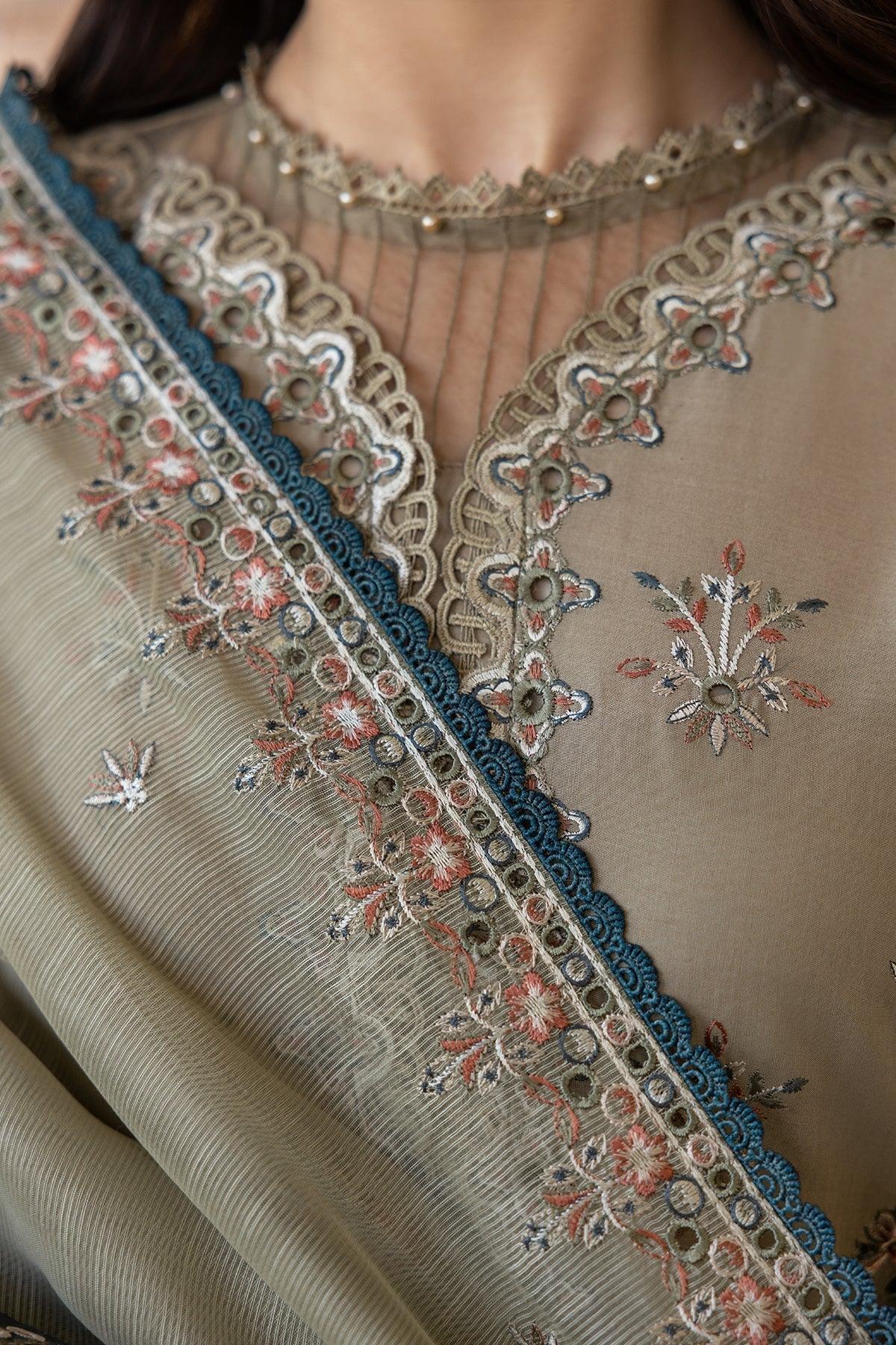Farasha | Bahaar Embroidered Lawn | Whimsical Sage - Aqsa Fabrics
