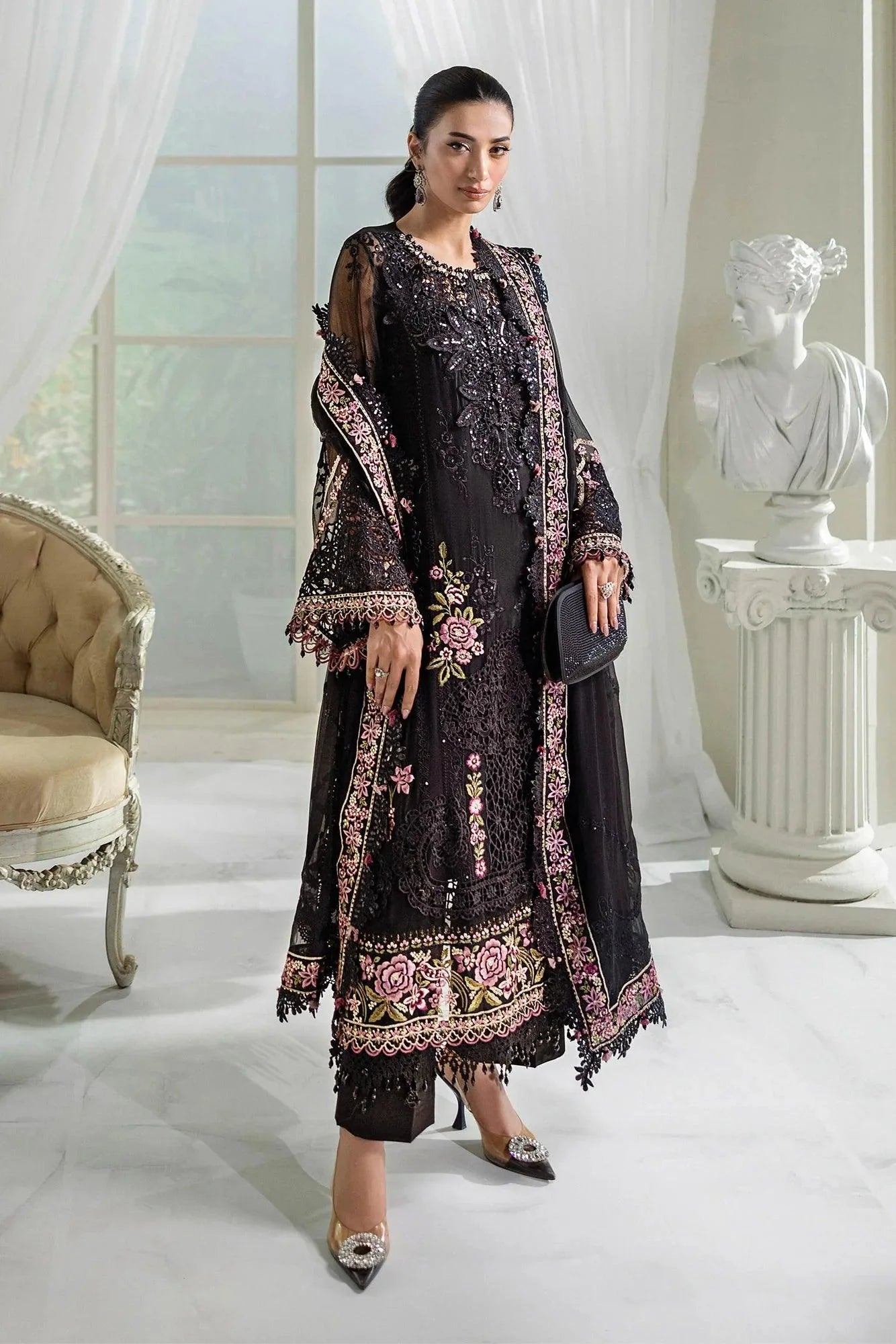 Maria B 3 Piece Stitched Embroidered Chiffon Suit | MPC-25-104