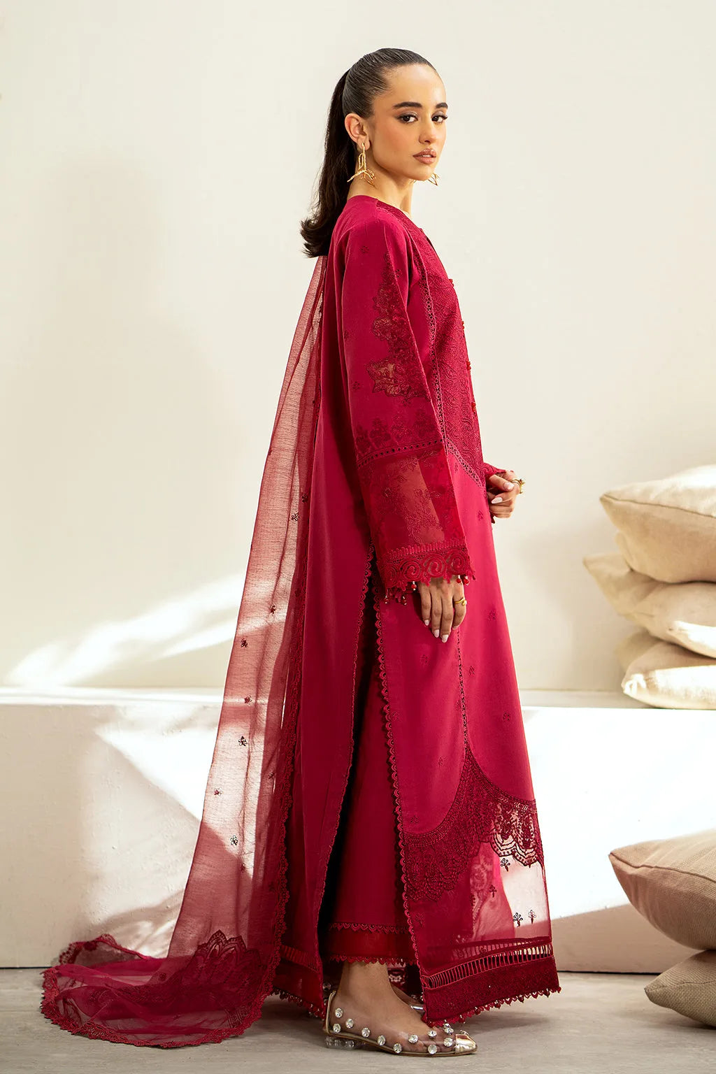Saad Shaikh Luxe Embroidered Lawn 3Pc Suit - Blush