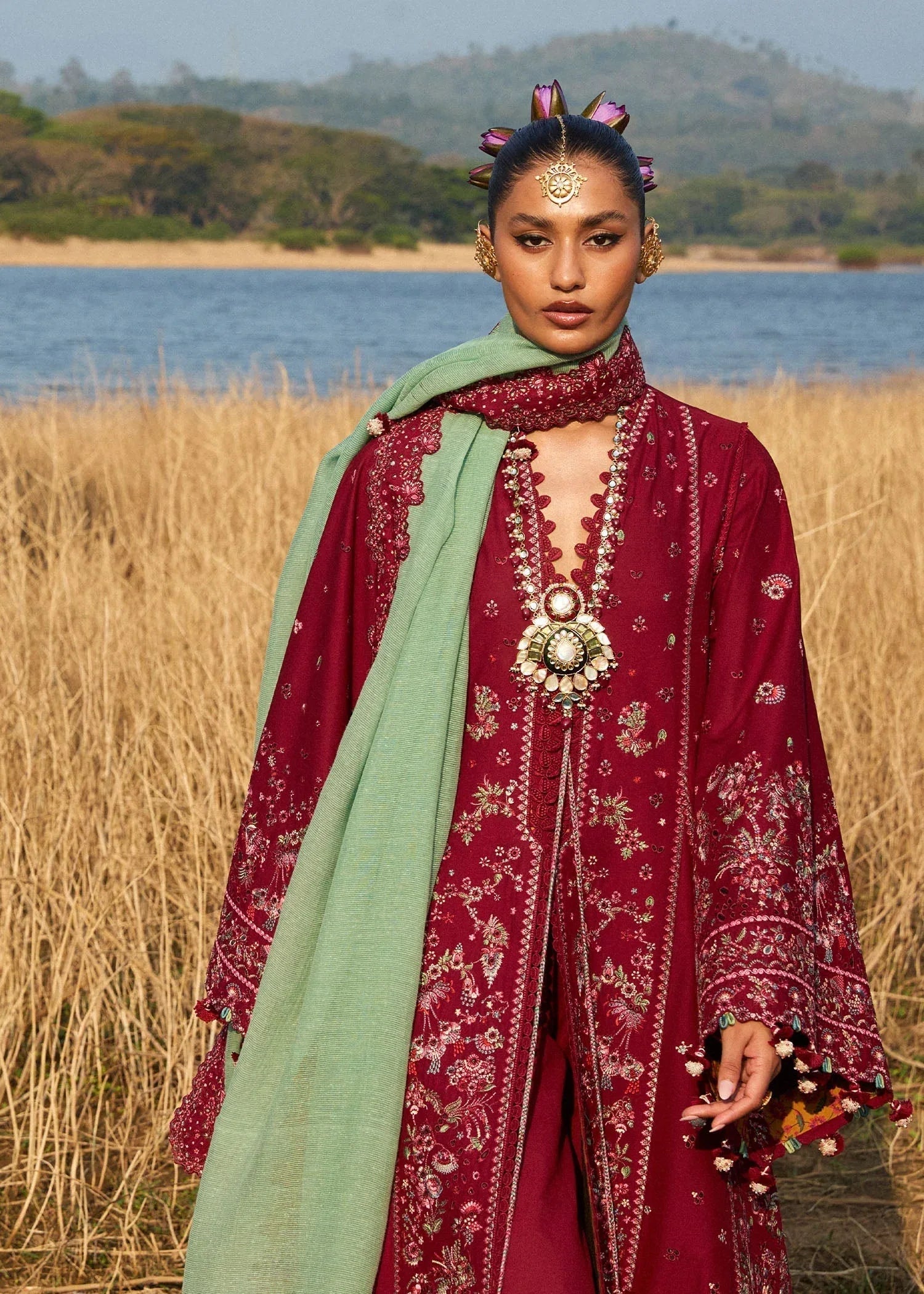 Hussain Rehar | Luxury Lawn 25 | Mahogany - Aqsa Fabrics