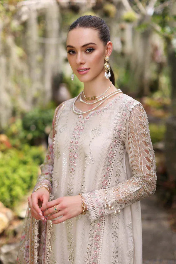 Noor by Saadia Asad | Luxury Chikankari Lawn24 | D3-B Beige Schifli - Aqsa Fabrics